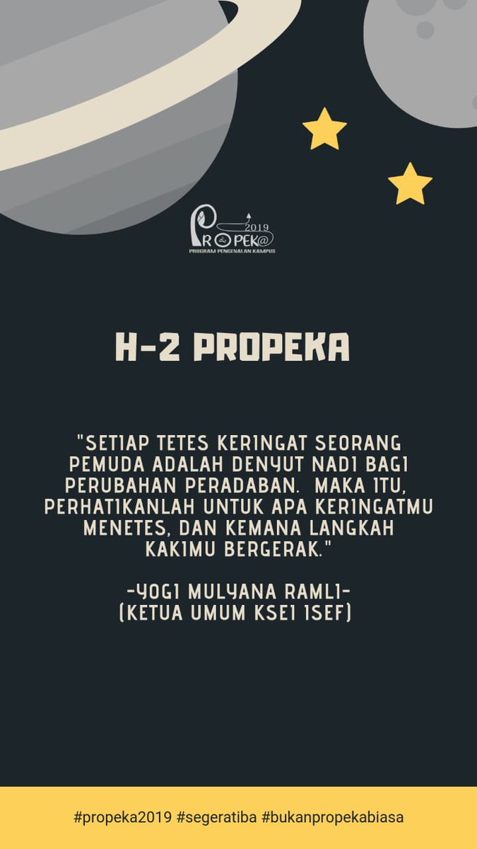 propekasebi's tweet photo. [H-2 Propeka]

Setiap Tetes Keringat seorang Pemuda, adalah Denyut Nadi bagi Perubahan Peradaban

Maka itu, Perhatikanlah Untuk apa Keringatmu menetes?
dan Kemana Langkah Kakimu bergerak?

-Yogi Mulyana-
(Ketua Umum KSEI IsEF SEBI)

#Propeka2019
#STEISEBI
#BukanPropekaBiasa https://t.co/xFOa8C3vZb