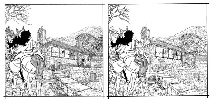 作画のひどいコマの描き直し、ではあるものの、久しぶりに修道院の背景とか描くと楽しいな。(左が描き直したやつです、念のため) 