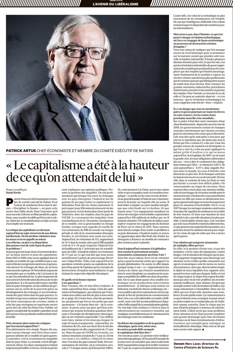 Futur du #libéralisme ? Quel bilan objectif dresser du #capitalisme ? Comment répondre aux défis qui nous attendent : réchauffement climatique, taux d’intérêt négatifs, hausse des inégalités ... Toujours une bonne idée de lire <a href="/PatrickArtus/">Patrick Artus</a> c’est clair, concis, factuel...