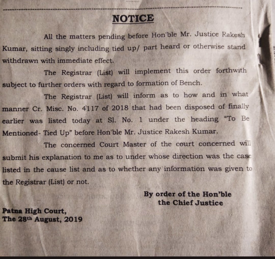 utkarsh_aanand's tweet photo. Hours after Justice Rakesh Kumar, most senior judge in the #Patna High Court, passes an order saying "corruption in this High Court is an open secret", chief justice withdraws all judicial work from him, asks him to wait in his Chambers until otherwise directed. https://t.co/il7ahn9bsl
