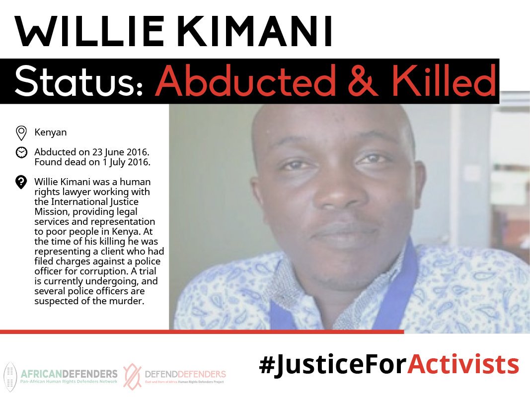 DefendDefenders's tweet photo. Willie Kimani was a prominent Kenyan human rights #lawyer.

He went missing on 23 June 2016, and was found dead on 1 July 2016.

We demand that the government of #Kenya ensure #JusticeForWillieKimani. We demand #JusticeForActivists. 
 
#InternationalDayoftheDisappeared https://t.co/V13XKWIkQH