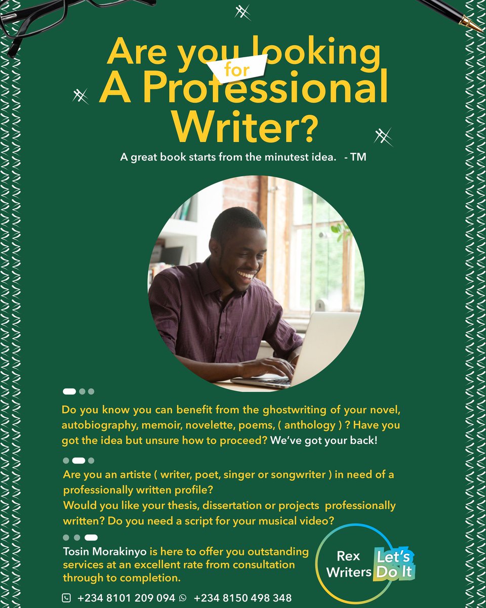 <a href="/OgbeniDipo/">Dr Dípò Awójídé</a> Are you looking for a PROFESSIONAL WRITER to help you add flesh to your ideas?
Do you want to hone your skills as a writer?
Are you stuck with your projects, thesis or dissertation yet have limited time to submit?
Just call: 08101209094
WhatsApp: 08150498348
#MSMEthursdaywithdipo