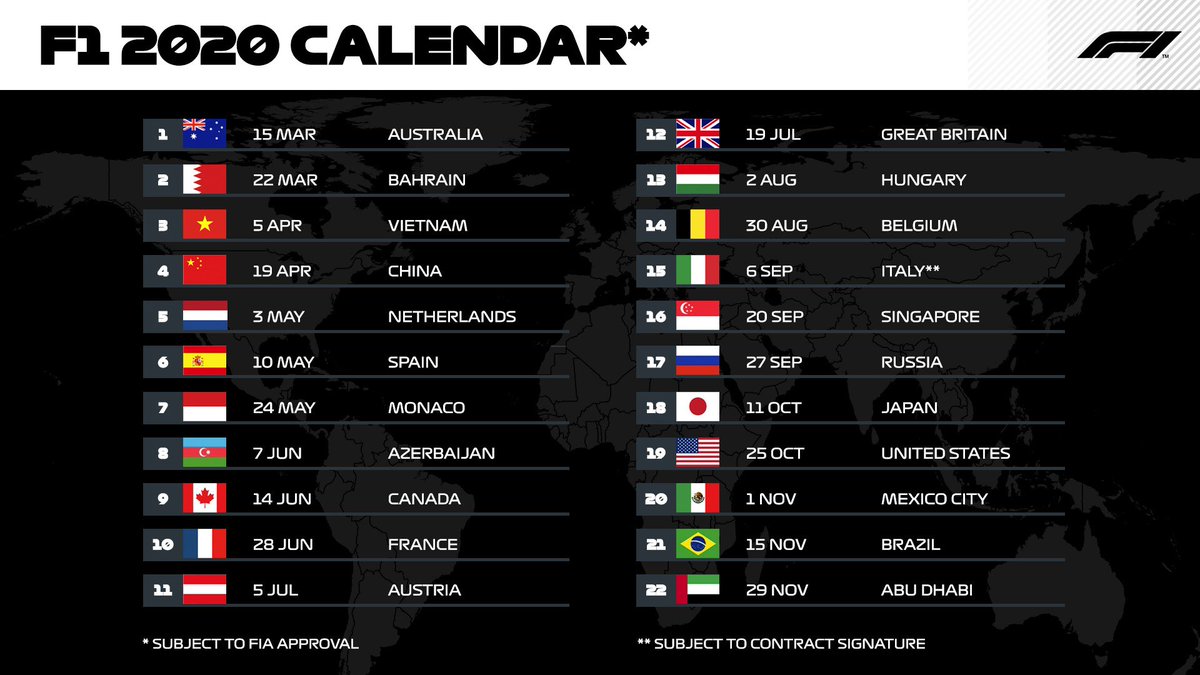 Onderbreking Antecedent hefboom Formula 1 on Twitter: "🗓 F1 2020 CALENDAR 🗓 ✓ 22 races ✓ 7 back-to-back  race weekends ✓ First ever race in Vietnam (5 Apr) ✓ A return to Zandvoort  (3 May) * Subject to FIA approval https://t.co/zsejzCD8Iq" / Twitter