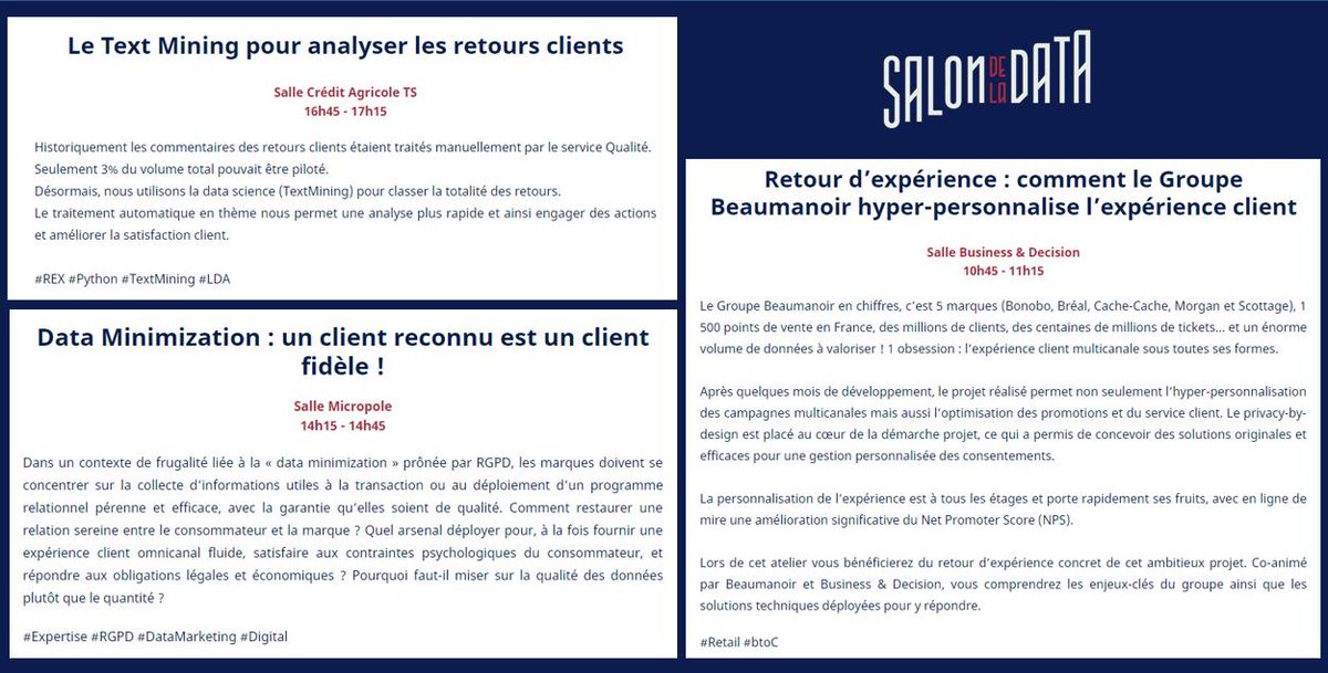 Des conférences #DataMarketing au #SalonData2019 ! #REX
Découvrez les moyens #Data mis en oeuvre pour répondre aux enjeux #ExperienceClient 
la DataMinimization  
👉salondata.fr/index.php/2019…
l’hyper-personnalisation
👉salondata.fr/index.php/2019…
le text-mining
👉salondata.fr/index.php/2019…