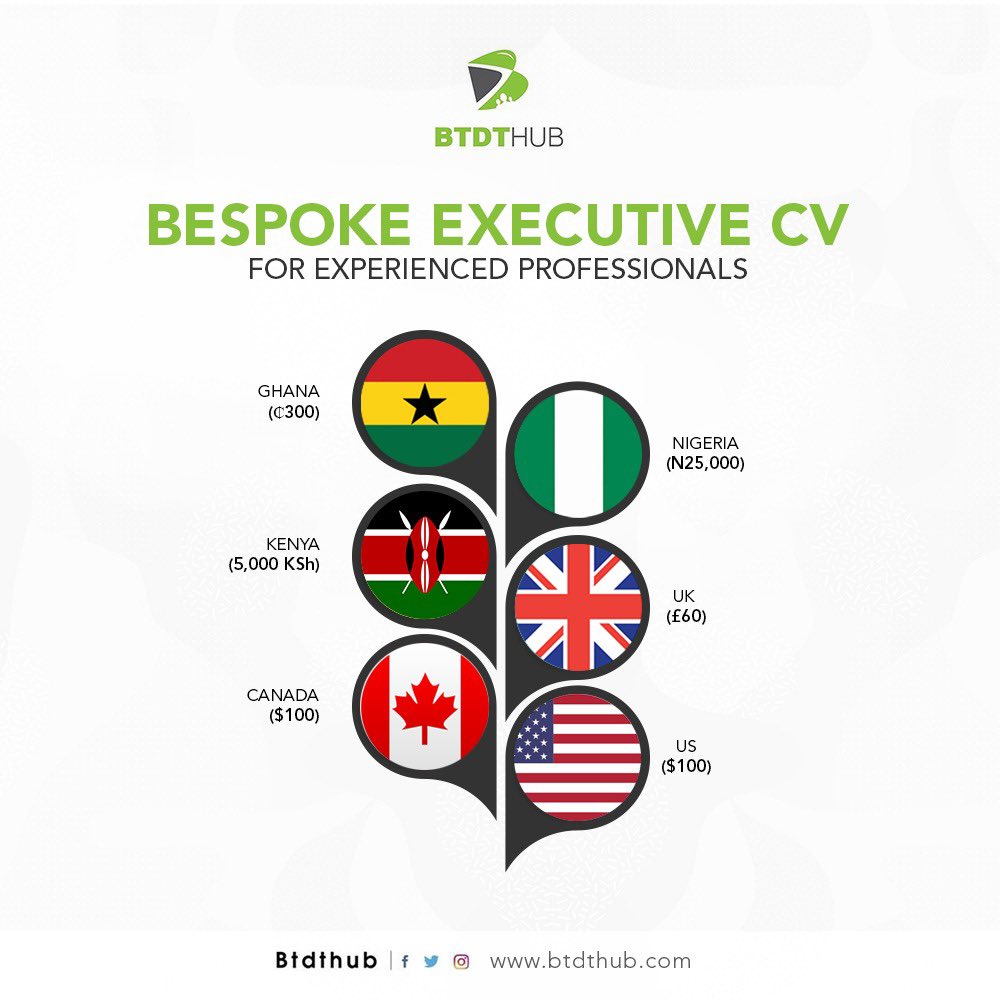 Based in Nigeria, Kenya, Ghana, Canada, USA or UK? Stay ahead of the game with a CV, Cover Letter &amp; an Optimised LinkedIn Profile from <a href="/BTDTHub/">BTDT Hub</a>.

Our Bespoke Service is for professionals with > 7 years experience.

Send a DM to <a href="/BTDTHub/">BTDT Hub</a> to get started. #MSMEThursdayWithDipo