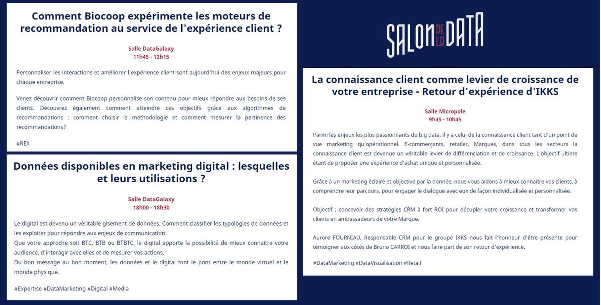 <a href="/dqe_software/">DQE</a> <a href="/BD_Group/">Business & Decision</a> <a href="/mick_levy/">Mick LEVY</a> <a href="/Groupama/">Groupama</a> <a href="/NantesDigitalW/">Nantes Digital Week</a> <a href="/LaCiteCongres/">La Cité Nantes</a> toujours plus de conférences #DataMarketing et de mise en oeuvre #Data sur les parcours clients
👉salondata.fr/index.php/2019…
les moteurs de recommandations
👉salondata.fr/index.php/2019…
les #Data utiles au marketing digital
👉salondata.fr/index.php/2019…

#DataMarketing #REX #SalonData2019