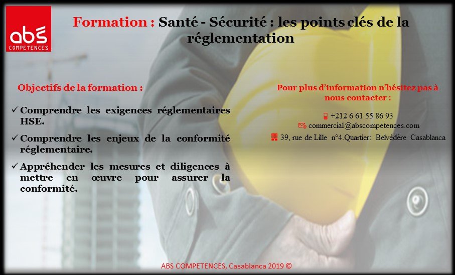 CompetencesAbs's tweet photo. Formation: "Santé-Sécurité : les points clés de la réglementation"
Pour toute information complémentaire, n'hésitez pas à nous contacter au :

☎️ +212 6 61 55 86 93
📧 commercial@abscompetences.com

#ABSCOMPETENCES #Santé_Sécurité #SS #Réglementation #Formation2019 https://t.co/kKUIrYTFby