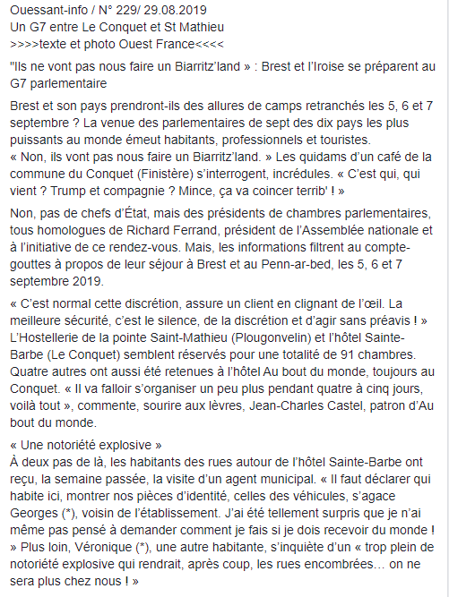 AOP_Ouessant's tweet photo. Ouessant-info / N° 229/ 29.08.2019
Un G7 entre Le Conquet et St Mathieu
>>>>texte et photo Ouest France<<<<

"Ils ne vont pas nous faire un Biarritz’land » : Brest et l’Iroise se préparent au G7 parlementaire… https://t.co/ewPY5QMjEs