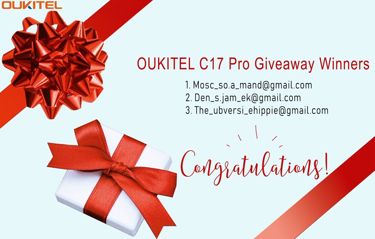 oukitelmobile's tweet photo. Congratulations🎉
Here is 3 winners of #OUKITEL #C17Pro Giveaway🎊

Note- We will contact winners via email, 
Winners should reply us within 3 days otherwise your prize will be cancelled

Dear all, our next giveaway is coming soon, stay tuned with us, good luck for next time https://t.co/iXe59D0myS