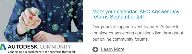 Autodesk_UKI's tweet photo. Got a question about our #AEC products? Join us for #AnswerDay on September 24th, where Autodesk employees will answer live questions through our online community portal. Find out more: https://t.co/Kp2BEPTLrC #AutodeskCommunity https://t.co/OAdWsbHCk1