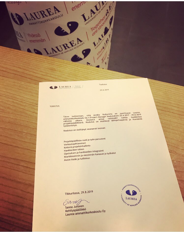 AKultavirta's tweet image. Antoisa koulutusmatka on tullut päätökseen. Kiitos 🙏 @SannaJu @NurkkaPauliina #CertifiedProjectManager #LaureaUAS #TKI
