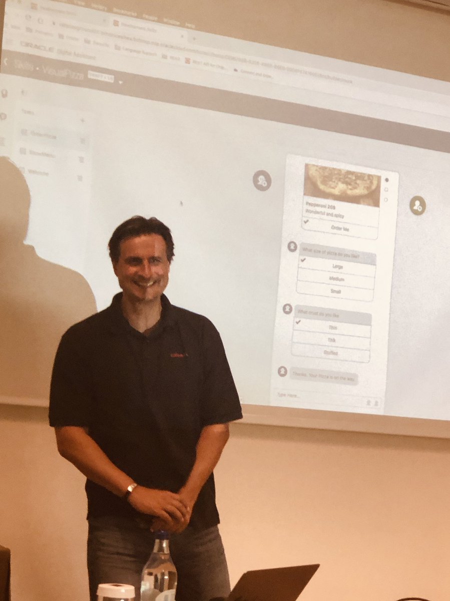 ConnectedMJ's tweet photo. Conversation Design and Hackathon day for #OracleDigitalAssistant team at ##PaaSSummerCamp. Frank is getting everyone very excited about our new conversation designer tool, either that or too much morning coffee. https://t.co/UpJucxjSs4