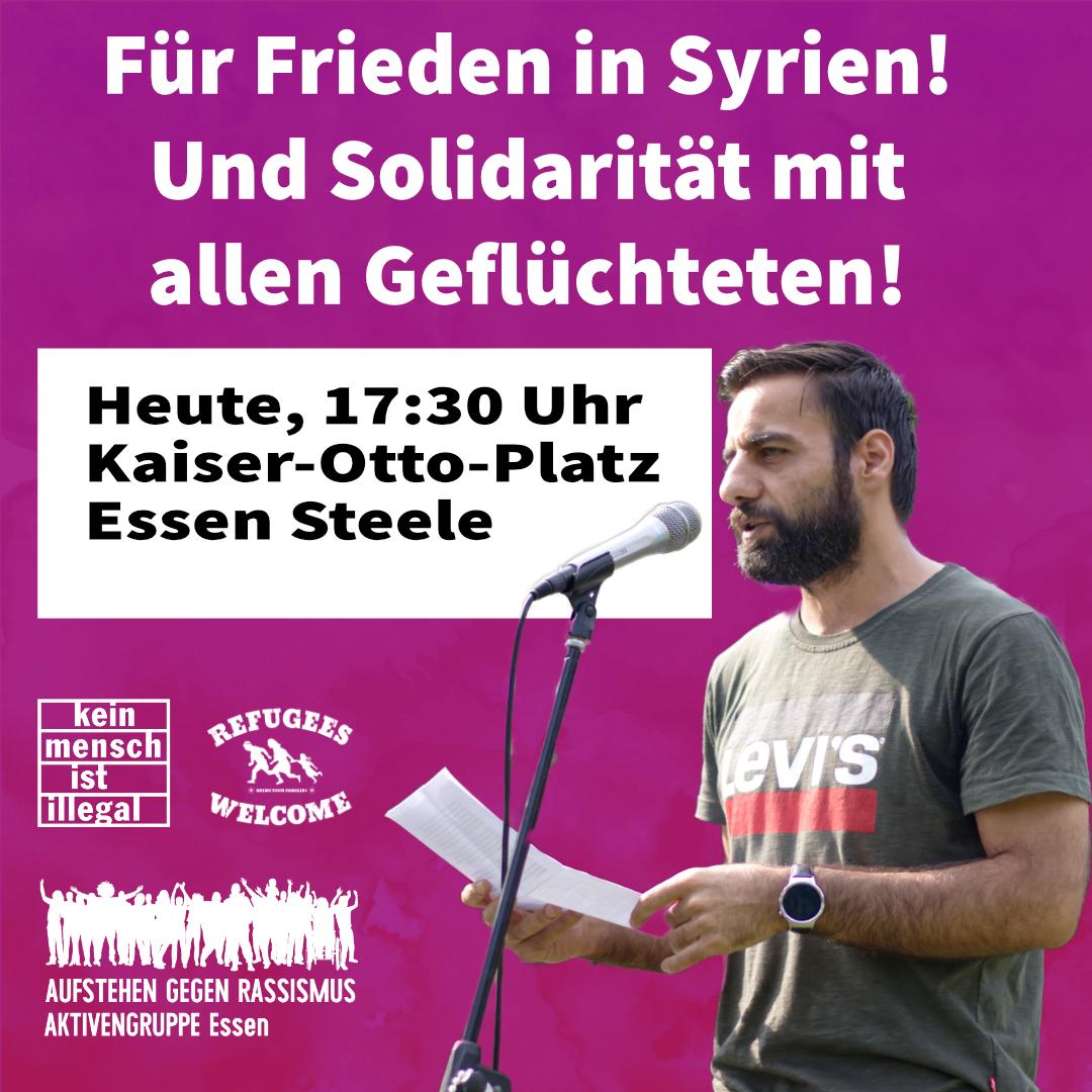 agr_essen's tweet photo. 📢 #refugeesWelcome Für Frieden in #Syrien und #Solidarität mit allen Geflüchteten! HEUTE, 17:30 Uhr in #Steele. Mit Musik, Redebeiträgen und Texten von Moustafa Siala. Kommt vorbei! #e2908 #Essen #fckSteelerJungs #NRW #antifamobi https://t.co/rZNg11LjVb