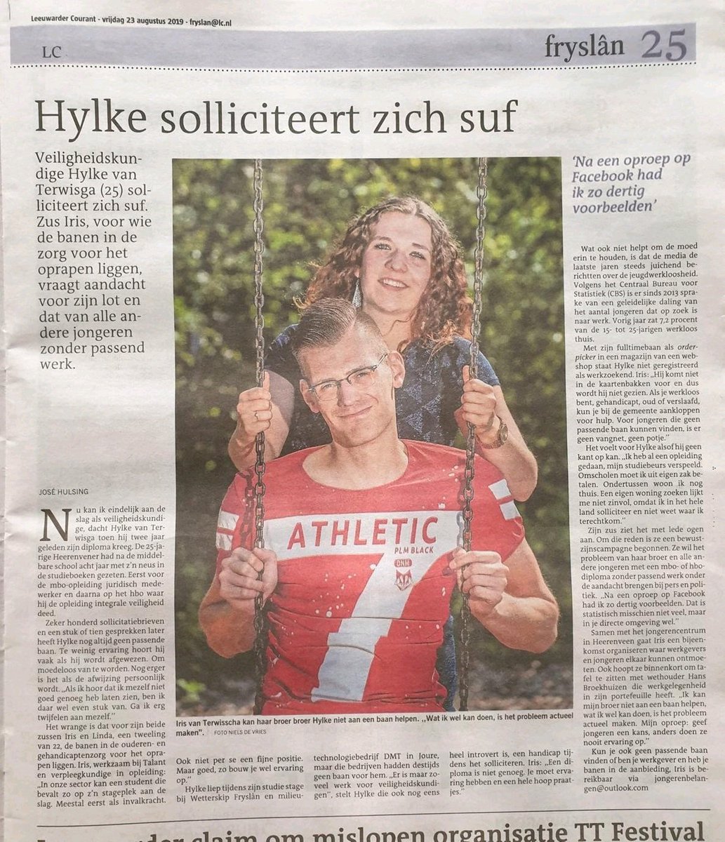 Iris en Hylke zetten zich in voor jongeren die geen passende baan na hun opleiding kunnen vinden. "Geef jongeren een kans, anders doen ze nooit ervaring op!’’ Mooi artikel in de <a href="/lc/">Lens</a> van vrijdag. #jongeren #heerenveen #werk 

lc.nl/friesland/heer…