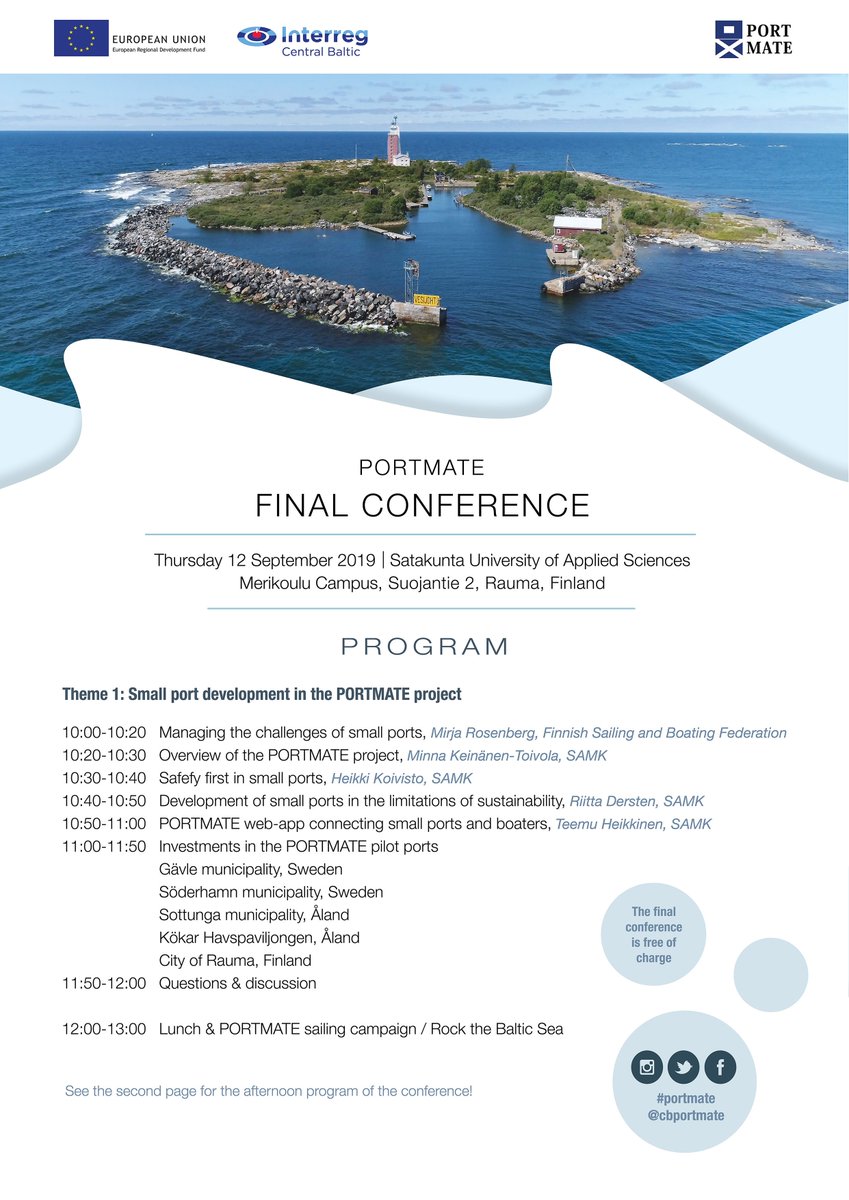 cbportmate's tweet photo. The PortMate final conference is approaching! Tune in with the program, sign up by the 8th of September at https://t.co/XhRnIF4kHS and meet us in Rauma or participate online on the 12th of September! ⛵️☀️#portmate #centralbaltic #safety #resourceefficiency #smallports https://t.co/tlhRQBJ4zV