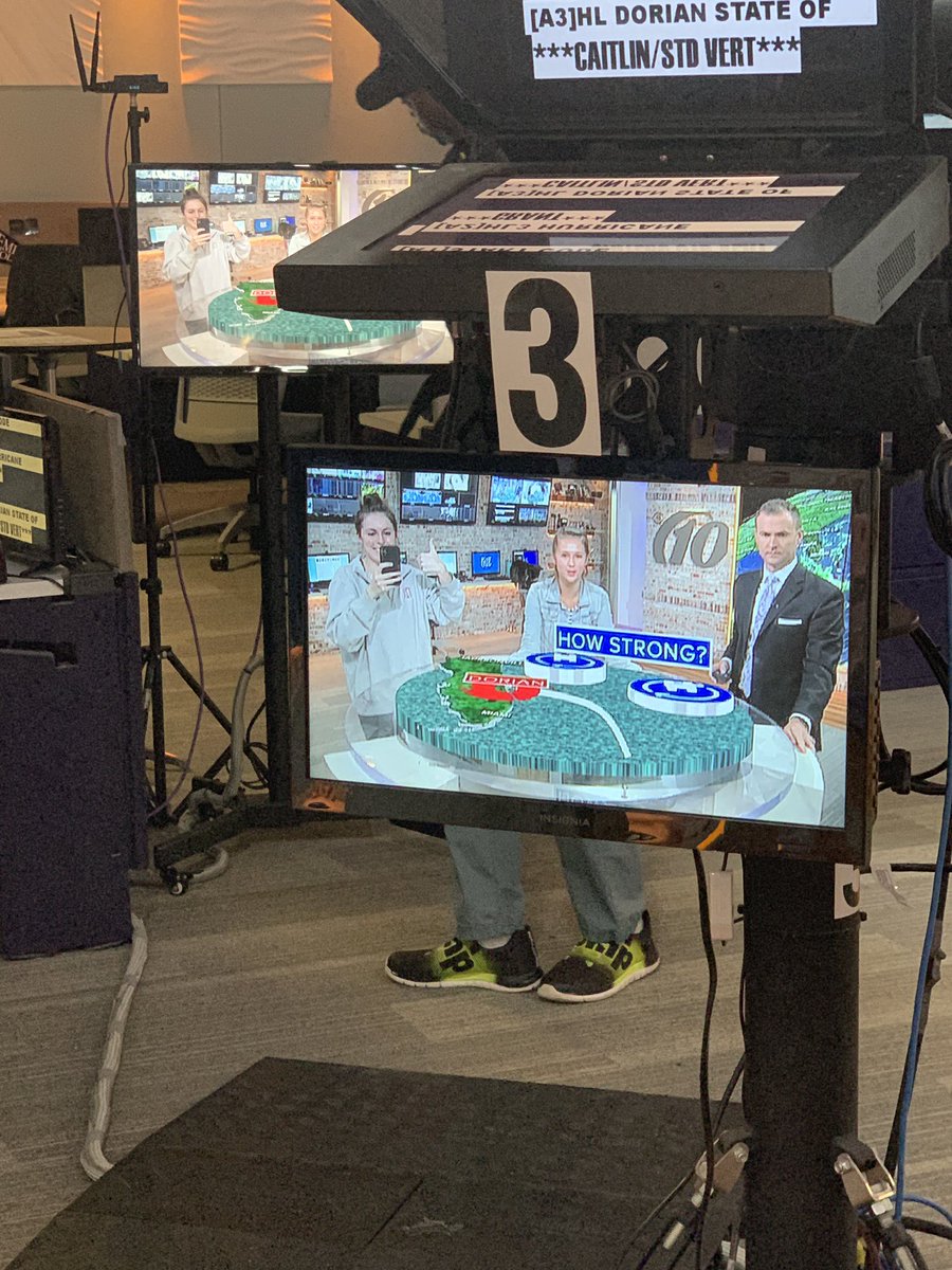 rileyyknightt's tweet photo. Here’s a pic of Finley and I being stand-ins so we could test the max reality for today’s show...
Good news: it worked
Bad news: the set lighting does a superb job at making me second guess my work attire #frumpyandproud #wtsp #HurricaneDorian https://t.co/uqTMC3WqBJ