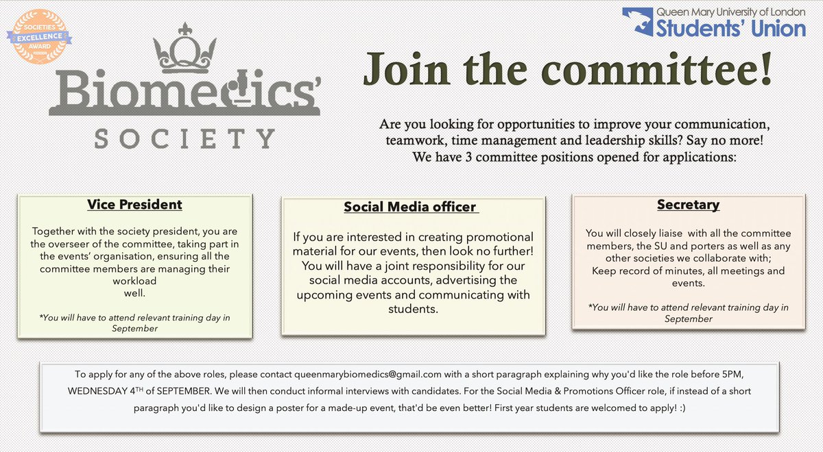 We are excited to announce another round of committee members’ recruitment to BioMedics' Society of Queen Mary University! There are 3 committee positions opened! If you are interested, please get in contact with us via email by 5pm, Wednesday the 4th of September!