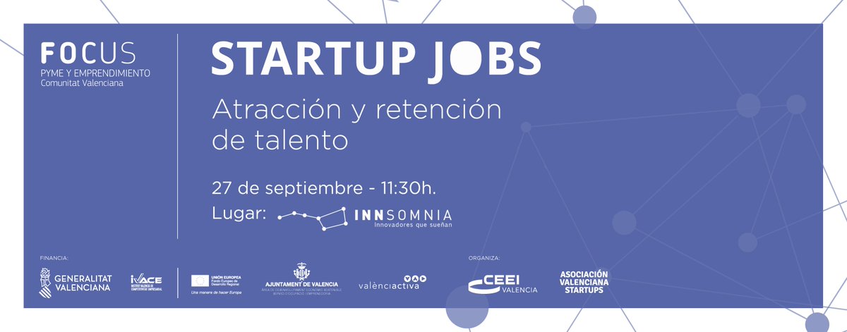 "Startup Jobs💼: Atracción y retención de talento🧠" organizado por <a href="/ceeivalencia/">CEEI Valencia</a> y <a href="/Startup_VLC/">Startup Valencia</a> y donde colaboramos desde <a href="/Valenciactiva_/">València Activa</a> 

📆27 de septiembre

⌚11:30h-15:00h

📍Innsomnia, Moll de Ponent s/n. Detrás tinglado nº 5

Inscripción⬇
ceeivalencia.emprenemjunts.es/?op=14&n=15619