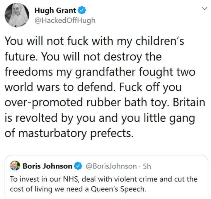 LibertyHall1916's tweet photo. @IoWBobSeely @BorisJohnson @montie Do fuck off Bob. Hugh says it better than I can 👇 https://t.co/aVC7hygJe5