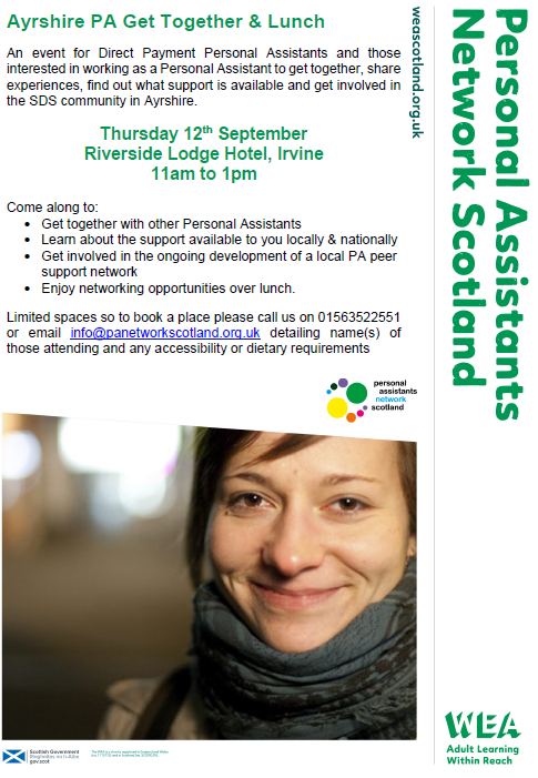 Ayrshire PA Get Together &amp; Lunch Event 12/09/19 - limited spaces still available for PAs to come together, meet each other &amp; access support. Call or email now to confirm your space - please share. <a href="/AiLNorg/">AILN</a> <a href="/EACarers/">East Ayrshire Carers</a> @CommBrokNetwork <a href="/NAHSCP/">North Ayrshire HSCP</a> <a href="/NA_Carers/">North Ayrshire Carers</a> @EAHSCP <a href="/sahscp/">South Ayrshire Health and Social Care Partnership</a>