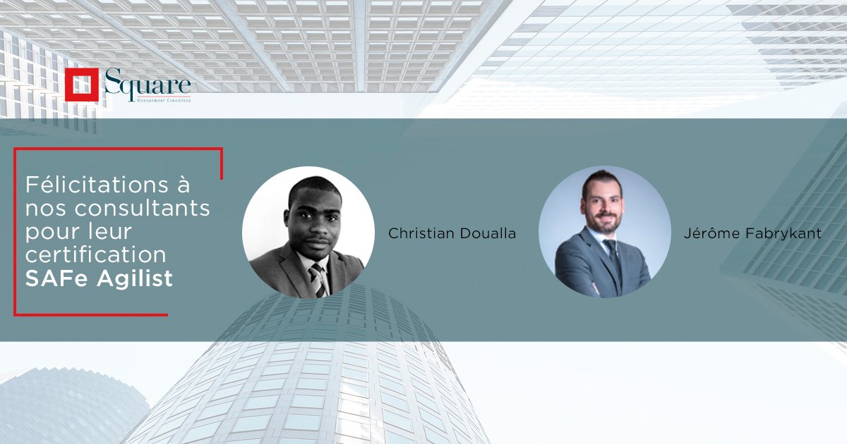 SQUARE_managem's tweet photo. [Formation Square] - Félicitations à Christian Doualla et Jérôme Fabrykant, consultants @SQUARE_managem, pour avoir obtenu la certification SAFe Agilist ! #expertise #consulting #formation #SAFeAgilist #AgilBee https://t.co/j6nNEA67oS