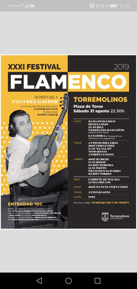 LaAzagaya's tweet photo. Quedan dos días para que el alma sonora de Morón de la Frontera reciba el reconocimiento debido en TORREMOLINOS. Con el homenaje a PACO DEL GASTOR, la razón acaba por ser la que lleve razón. https://t.co/QFkCFcoAbA