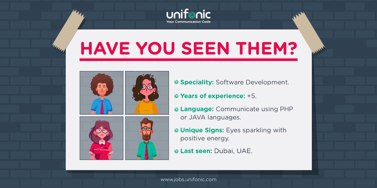 Unifonic's tweet photo. Our missing Software Developers were last seen in Dubai, UAE. If you have seen them or have any information that can lead us to find them please tag them here or visit https://t.co/7zya49Y9x2 for more information. #unifonic https://t.co/lvASPAvDxY