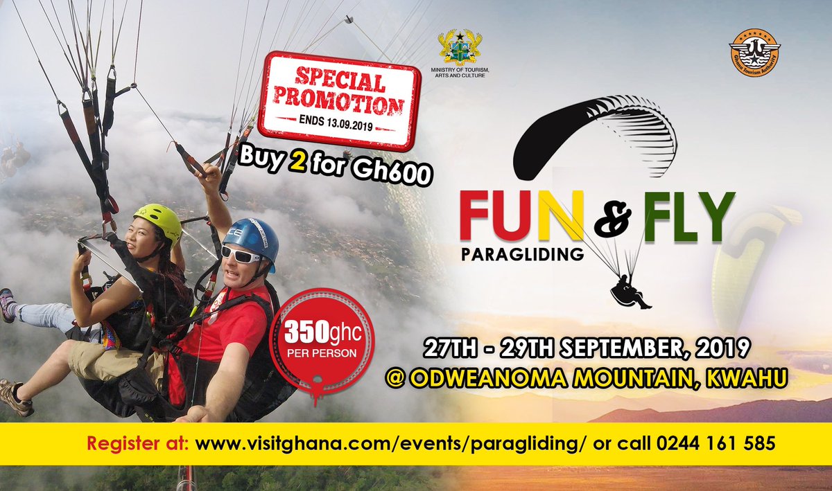 ghanatourismGTA's tweet photo. For all the paddies out there we have launched a special package for you. Call a friend and buy two tickets at a discounted rate of GHS600 and save 100GHS for #chilling.
Promo valid till Sept. 13, 2019.
Register Now... for a fun-filled weekend
#FunNFly #Paragliding #Ghana2019 https://t.co/SALuGF1LFB