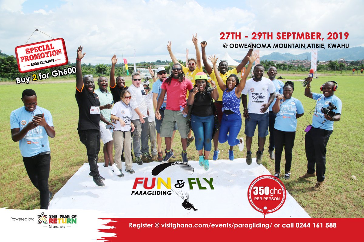 ghanatourismGTA's tweet photo. For all the paddies out there we have launched a special package for you. Call a friend and buy two tickets at a discounted rate of GHS600 and save 100GHS for #chilling.
Promo valid till Sept. 13, 2019.
Register Now... for a fun-filled weekend
#FunNFly #Paragliding #Ghana2019 https://t.co/SALuGF1LFB