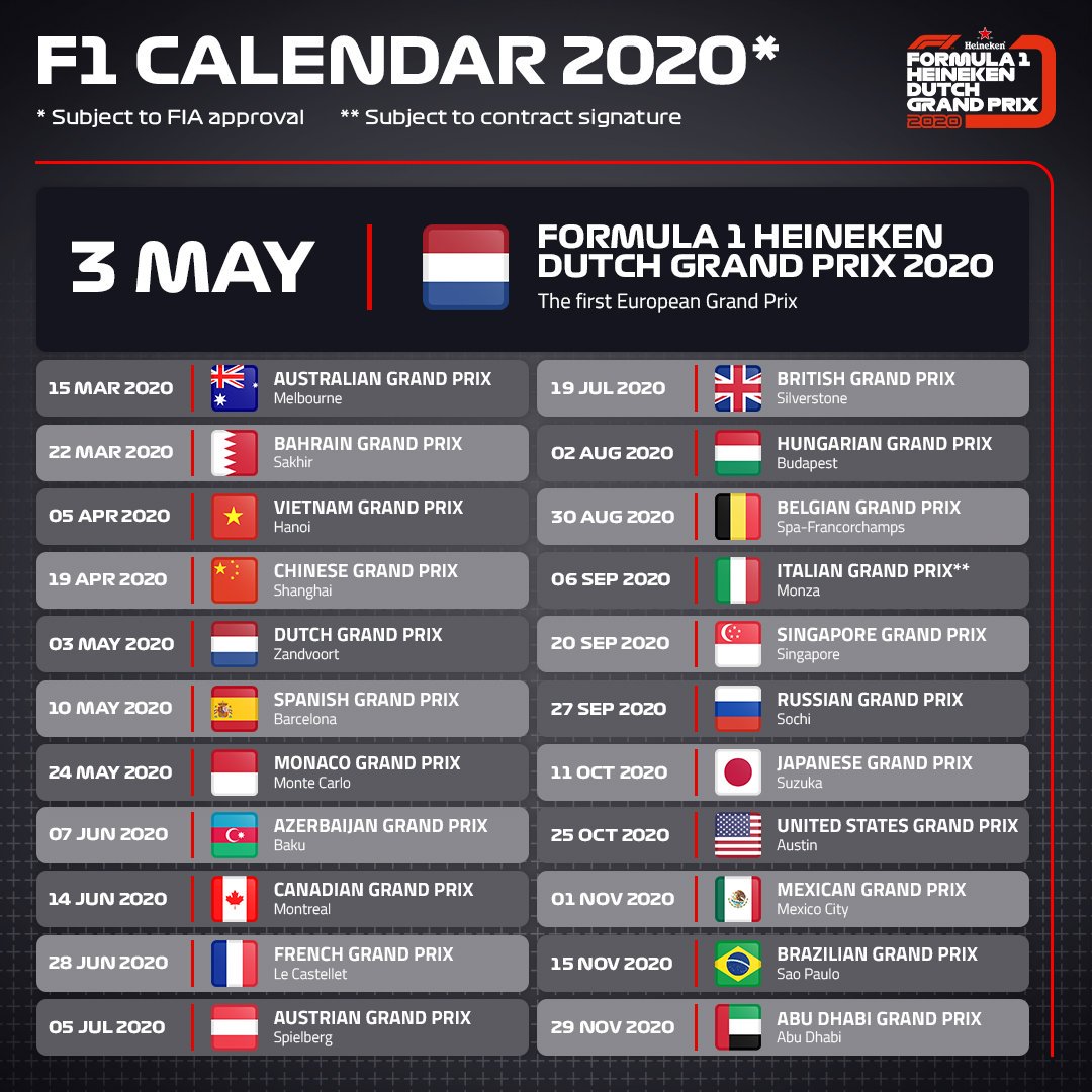 Heb jij de F1 kalender voor 2020 al gezien 👇? Onwijs trots dat we tussen al deze mooie Grand Prix op de kalender staan! Noteer ‘m snel in je agenda 📆.  #DutchGP #DGP2020 #Formula1