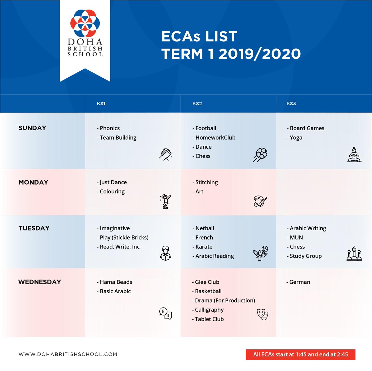 DBSWakra's tweet photo. An overview of the #ExtraCurricularActivities at @DBSWakra  for the Term 1, 2019-2020.

#dbs #dbswakra #ECA #dohabritishschool #wakraschools #schoolsinwakra #dbssubjects #schoolactivities https://t.co/jY6MFQveyU