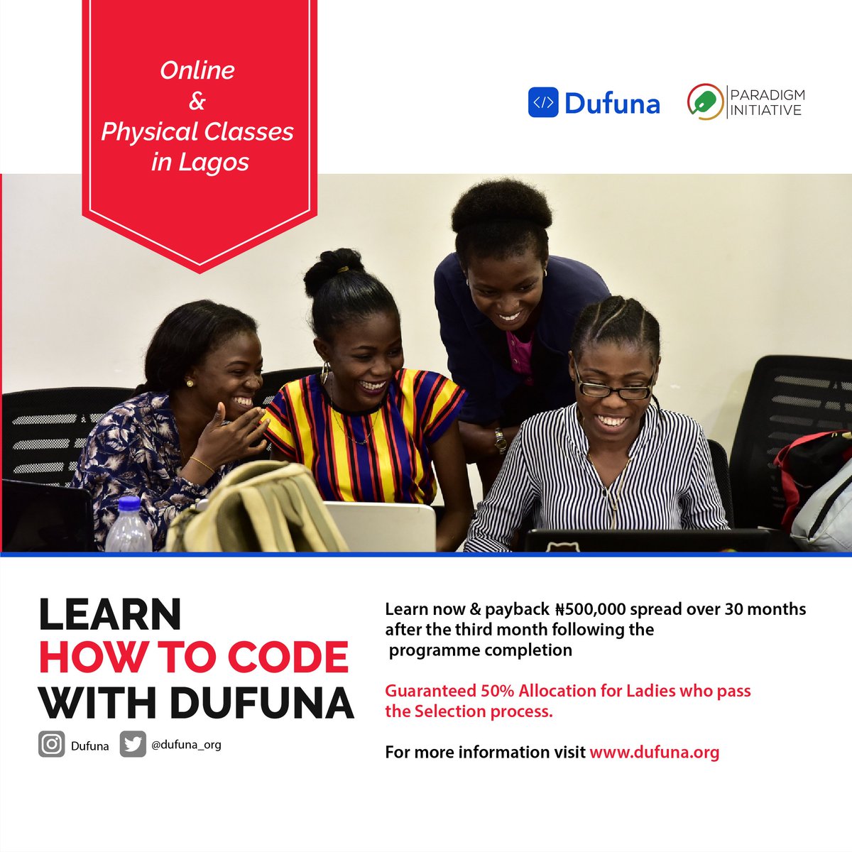 ParadigmHQ's tweet photo. @dufuna_org The #DufunaCodeCamp  programme will equip participants with skills in HTML, CSS, Javascript, PHP, SQL, Algorithms &amp; Data Structures and Software Version Control. Classes will be virtual and in Lagos.  No prior knowledge of programming is required.

https://t.co/uovhYiHFQw https://t.co/ZFKnHPI7ef