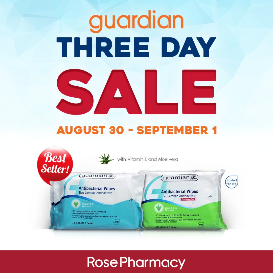 ROSEPHARMACYInc's tweet photo. Get as much as 20% off on items during the Guardian THREE DAY SALE! Only from August 30 to September 1, 2019. Purchase at your nearest Rose Pharmacy store or order online  at https://t.co/w9fZhDJcTY now! https://t.co/qTN5tipefd