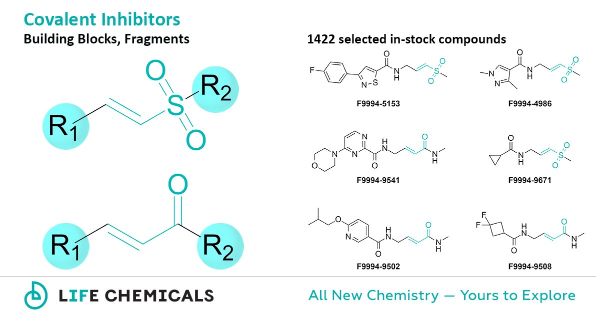 Design your novel #CovalentInhibitors with our original #Fragments & #BuildingBlocks bearing activated double bonds. 
Details 👉bit.ly/LC-Covalent_in…

Please request the full collection at 📧 marketing@lifechemicals.com or order compounds online 🛒shop.lifechemicals.com