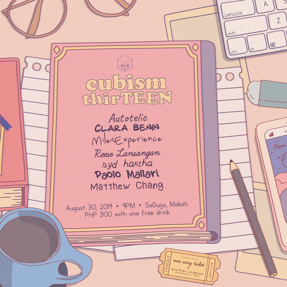 Cubism thirTEEN happening tomorrow featuring Autotelic, Clara Benin, Miles Experience, Reese Lansangan, Syd Hartha, Paolo Mallari and Matthew Chang 

8|30|19
9pm
300php with one free drink