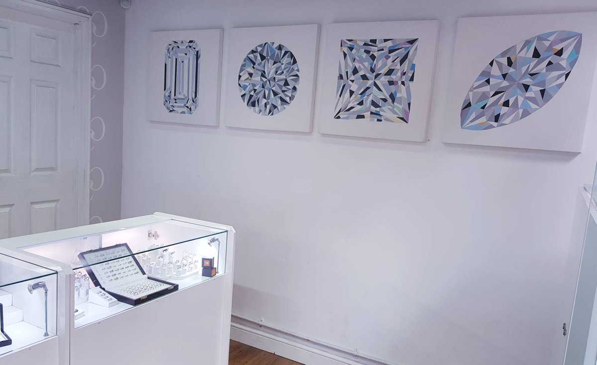 customandco's tweet photo. Today we have been hanging our new canvases painted by the talented @carleymitchellfineart. 

They symbolise the most popular cuts of diamonds.. do you know what they are all called? 

#diamonds #diamondcuts #carats #paintings #art #maidstonejeweller #weddings #engagement https://t.co/dMAg6X2wri