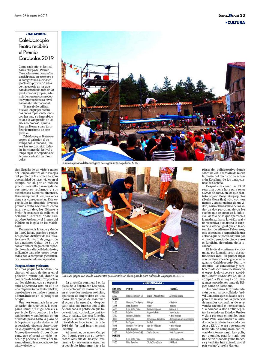 #FestivalCarabolas #Carabolas19 es noticia hoy en <a href="/diariodeteruel/">Diario de Teruel</a> ¡Solo queda un día para que comience! ¡Te esperamos en #Bronchales! #títeres #clown #teatro #circo #marionetas #espectáculo #SierradeAlbarracín #paraniñosyniñas