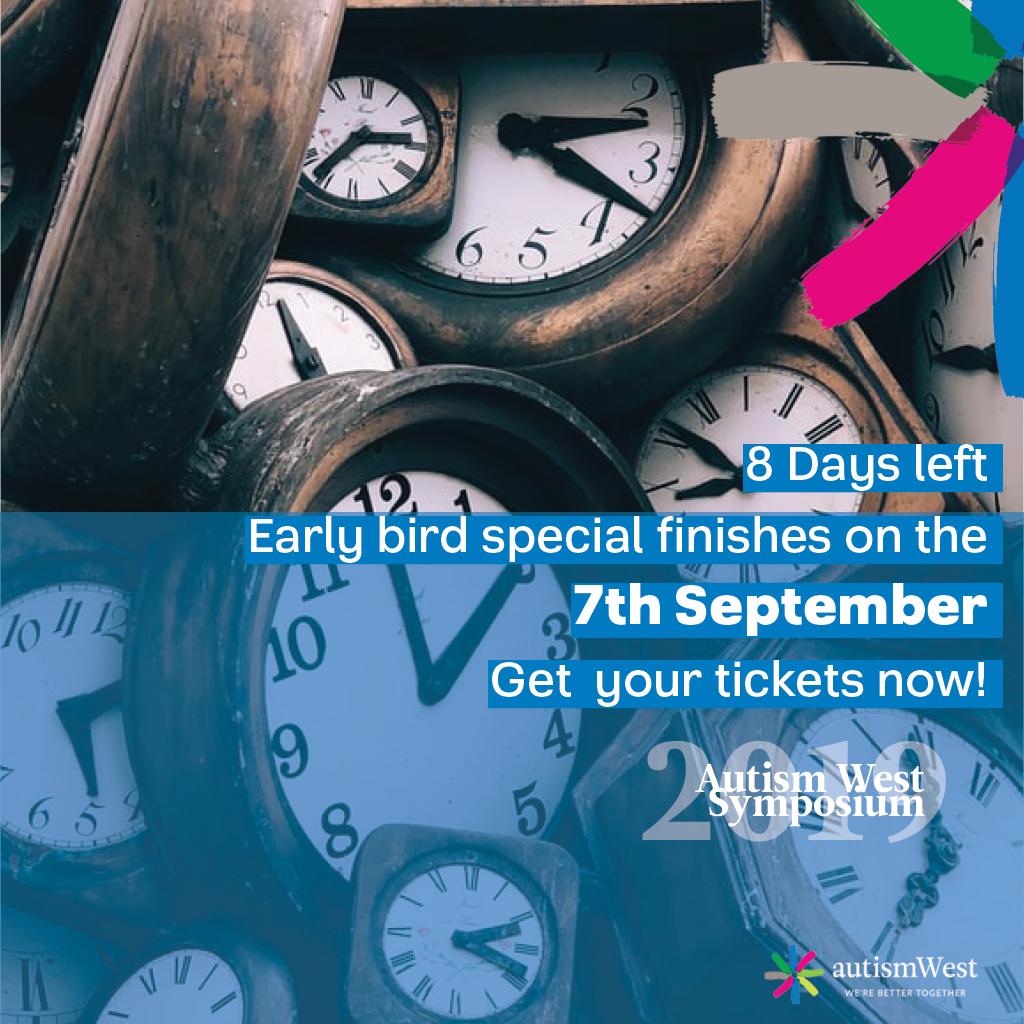 There are only 8 days left to jump in and join the conversation!

Early bird ticketing prices for the annual Autism West Symposium close on the 7th of September and time is running out fast!

Tickets are available here: buff.ly/2TVpcsW

#autismwestsymposium #autismwest
