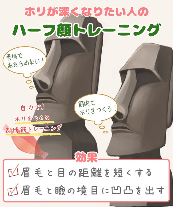 マジで顔が変わる‼️

のっぺり顔の私がハーフ顔に憧れて毎日「ホリよ、深くなれ〜」と念じながらやったトレーニングです??‍♀️

眉毛と目の距離が遠すぎて、オン眉前髪にしたら全力で笑いを取りに行ったみたいな仕上がりになったことある人はやった方がいい✔️

昔の写真と顔違うって言われちゃうかも…⁉️ 