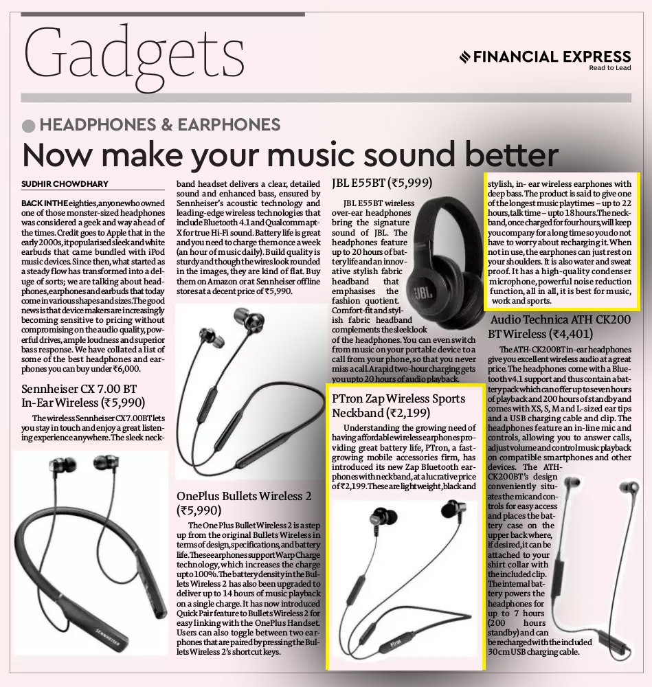 PtronGlobal's tweet photo. #PTron ZAP, the only headphone in the list that provides whopping 22 hrs of playtime with Bluetooth 5.0 & great sound quality. All this at 1/3rd of the price what other reputed brands offer.
Published @FinancialXpress
#BeLoudBeProud #WorldClassMobileAudio #TheFinancialExpress https://t.co/F8PvMoeKWv