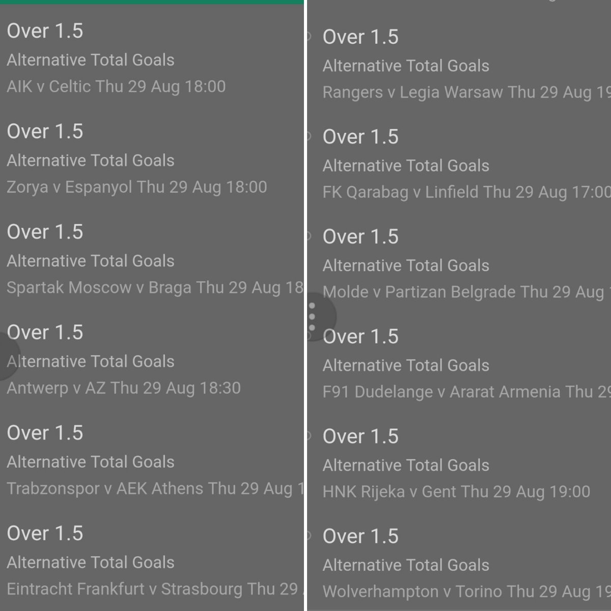 FFT__Mo's tweet photo. Morning. My attempts for today's ropey dopey league. 12 fold 1.5 overs acca & 7 fold 2.5 overs acca #LottoLuck https://t.co/Cz9q2ZK0bK