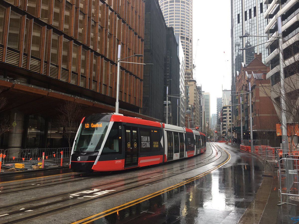 em_pears0n's tweet photo. First sighting of the new trams being tested in George St today #tfnsw #sydney https://t.co/J5EkNmsEMG