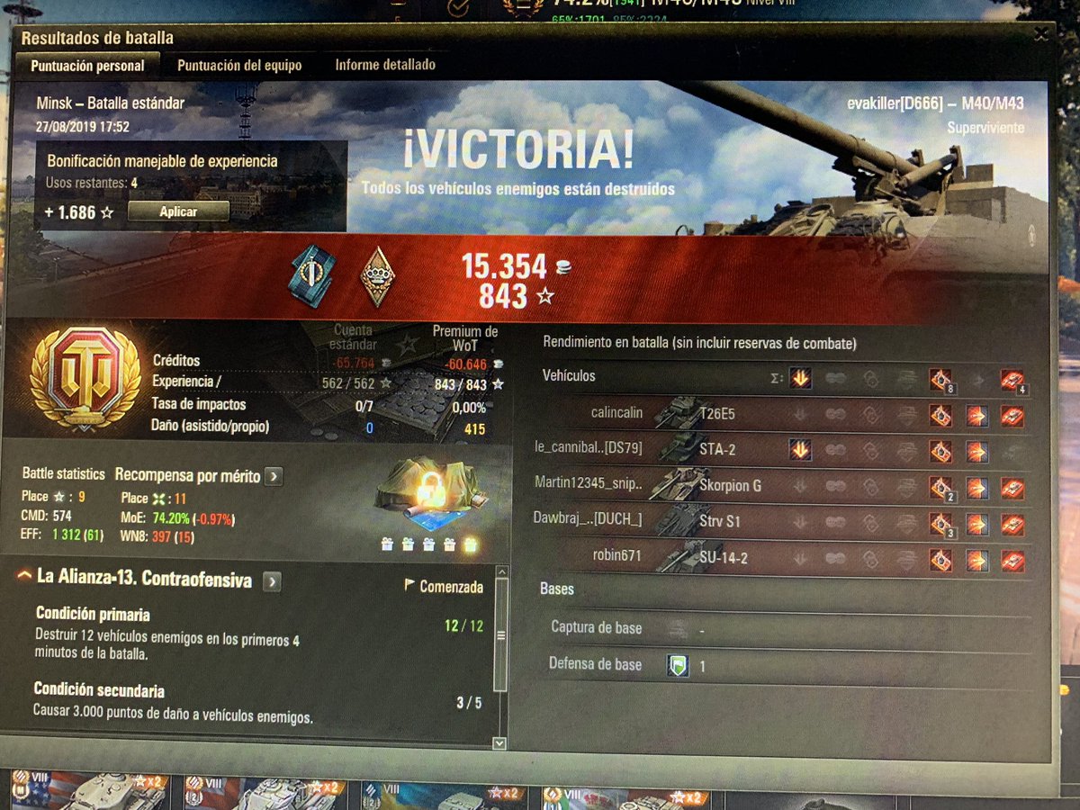 evakiller_'s tweet photo. 415 de daño + 0 de asistido + 4 kills = Victoria. Se puede ser más resultona? 🤣🤣🤣 #Rematando lo que han ido dejando 😎#worldOftanks https://t.co/Xk4zKNLUCK