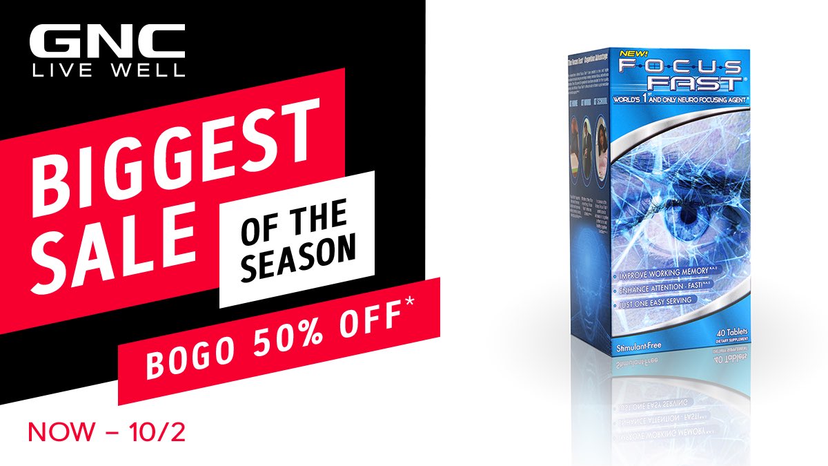 FocusFast's tweet photo. Looking to get BOGO 50% off Focus Fast. It’s The Biggest Sale Of the Season @GNCLiveWell! Hurry in—sale ends 10/2! #GNCLiveWell! #GNCLiveWell #focusfast #BOGO50 https://t.co/PYNu4p1veE