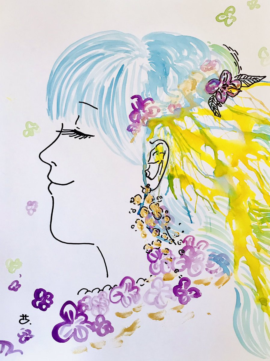 Sachi V Twitter 花の髪飾りの女の子 水彩画 ドリッピング 水彩イラスト 女の子イラスト 絵描きさんと繋がりたい 絵本 花
