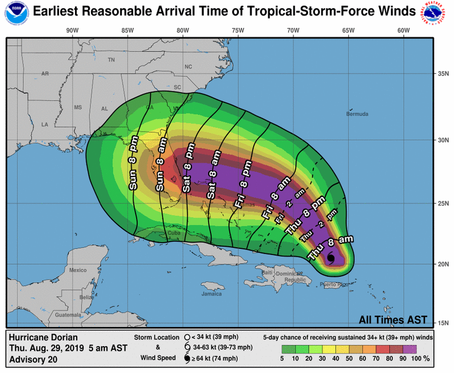 Tropical-storm-force winds from #Dorian could begin in parts of Florida *as early as* Saturday evening. Now is the time to begin thinking about what kinds of preparations you might need to make over the next couple of days. weather.gov/wrn/hurricane-…