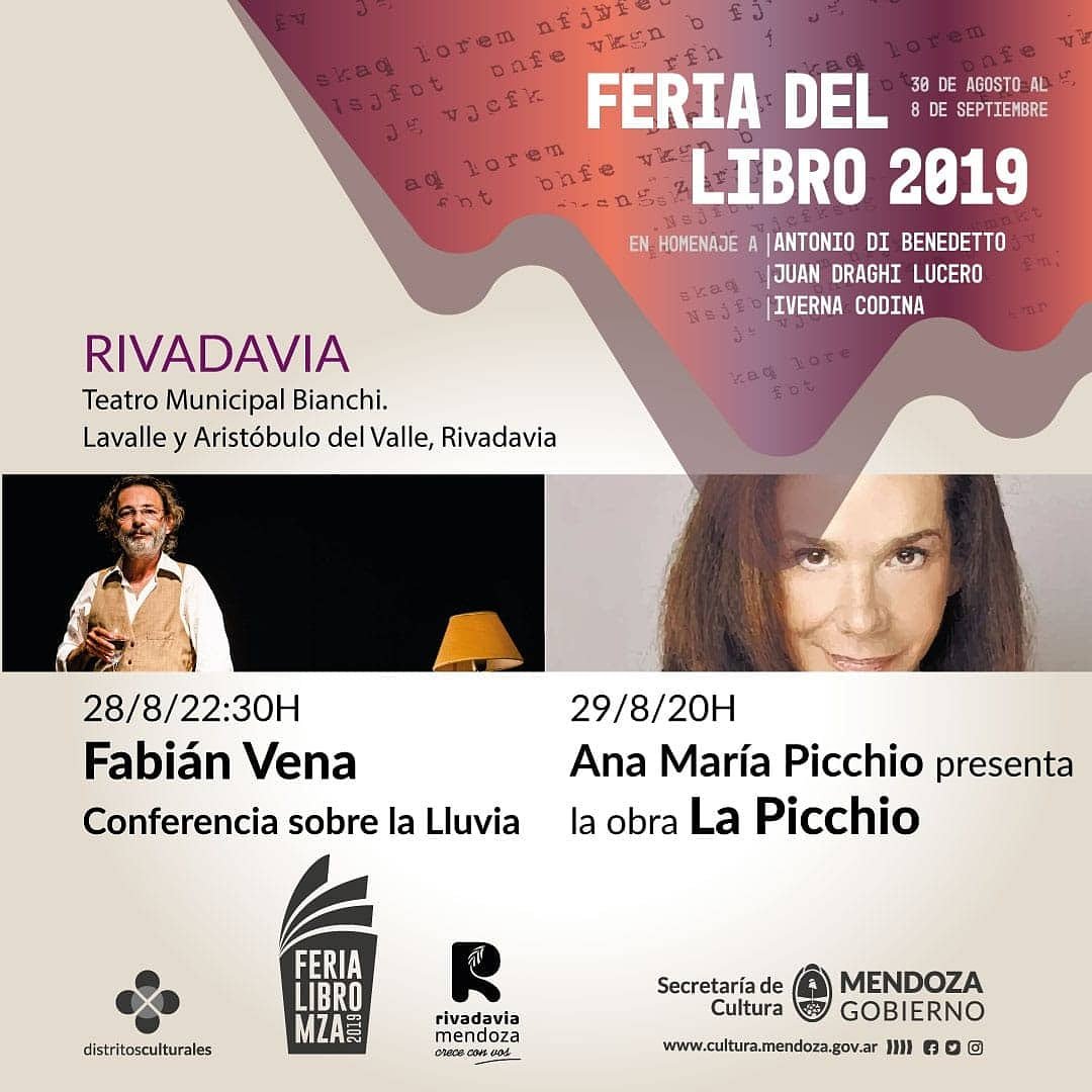 Los invitamos a disfrutar de la presentación de Ana María Picchio con su obra "La Picchio" hoy 20hs en el Teatro Municipal Bianchi de <a href="/Rivadavia_Mza/">Municipalidad de Rivadavia Mendoza</a>

#CulturaMendoza
#LibroMza19
