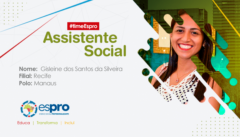ESPROOFICIAL's tweet photo. Dessa vez, apresentamos uma assistente social do #TimeEspro. Gisleine atua no polo de Manaus (AM), da filial Recife, e gosta de trabalhar com autonomia para promover “atividades que visem o crescimento educacional, social e familiar". Confira a história completa em nossas redes! https://t.co/pZyR4EO1E1
