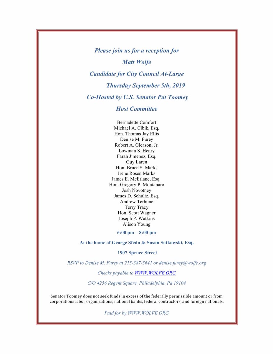 Reception to Support Wolfe for City Council conta.cc/31YcOeJ