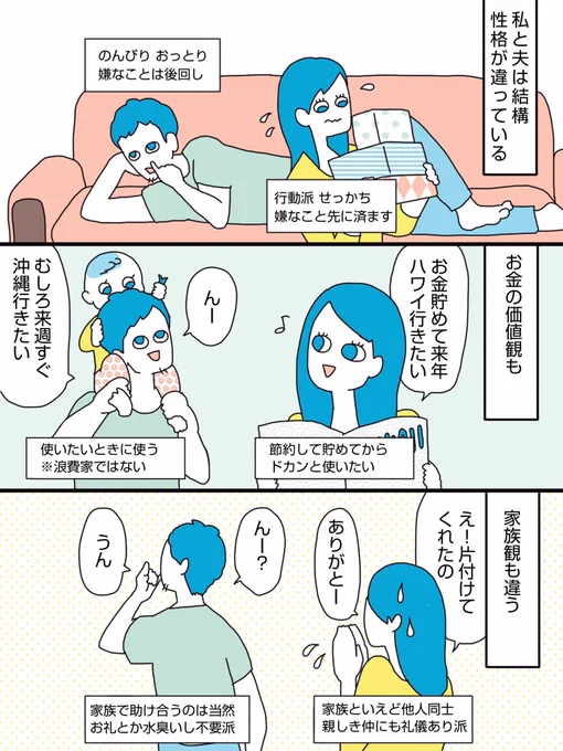 カップル仲良しの秘訣は「価値観が似てること」って言うよね。
みなさんのとこはどうですか。
うちは全然ちがってる。
でもまあその割に仲良いよ、という漫画です。
人ってほんと色々だから、これがあれば相性いい！とか、これがないとダメ！と… 